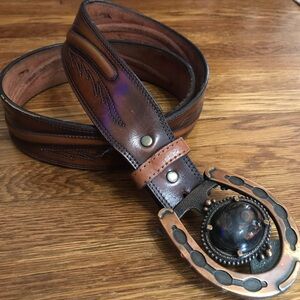 vintage Copper horseshoe buckle Leegin leather belt mens 38”